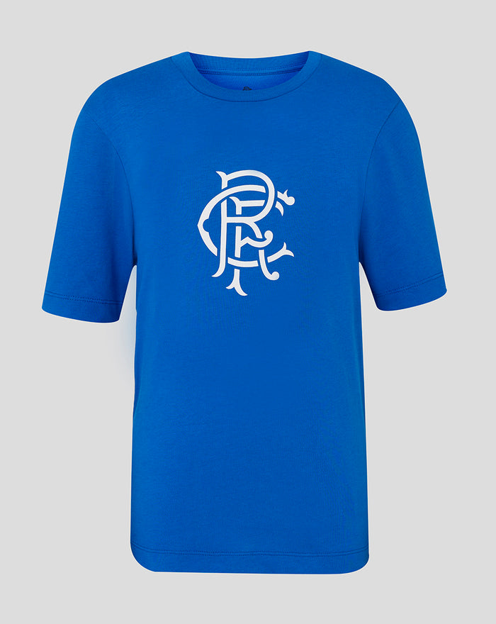 Front view of a lapis blue Rangers junior core logo tee with a white scroll crest on the chest.