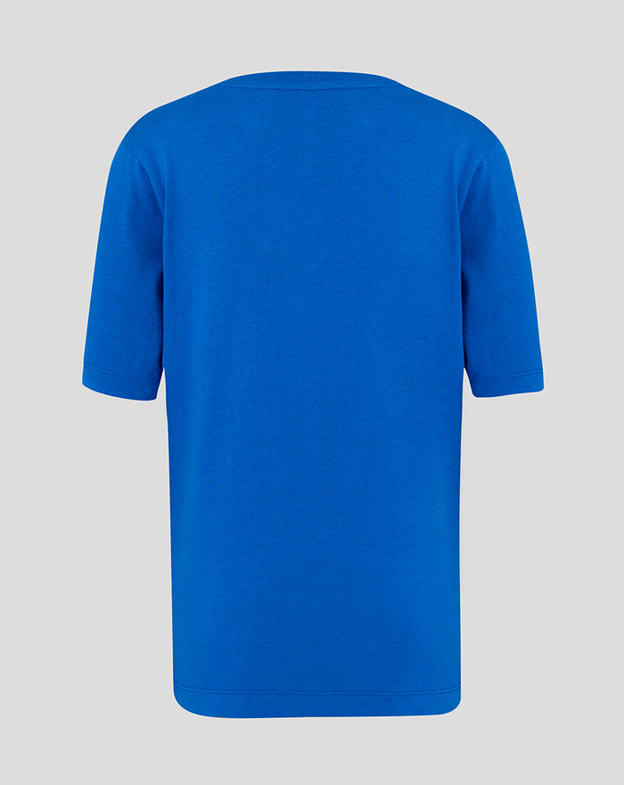 Back view of a blue junior core logo tee in lapis blue