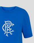 Close-up of the white scroll crest on the lapis blue Rangers tee with short sleeves.