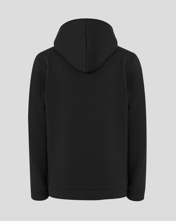 Back view of the black Rangers hoodie with hood up and no logo visible.