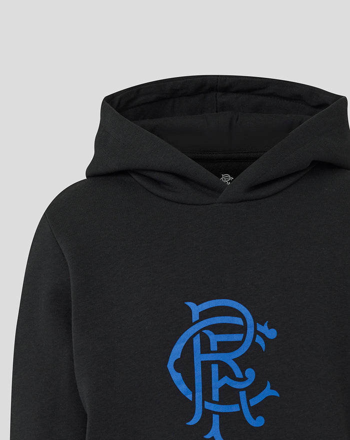 Close up of a black Rangers hoodie with a blue crest on the chest and the hood visible.
