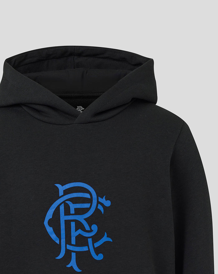 Front view of a black Rangers hoodie featuring a blue crest on the chest and the hood down.
