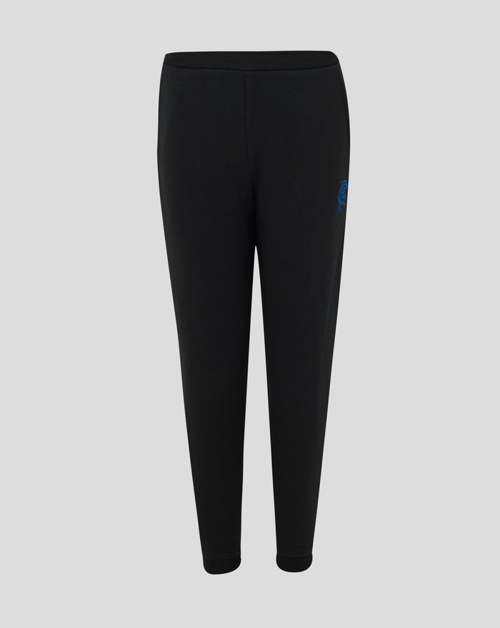 Junior black Rangers core jogger pants with blue crest on the thigh and ribbed cuffs