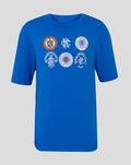 Front of blue Rangers junior badge T shirt with six circular crest patches across the chest.