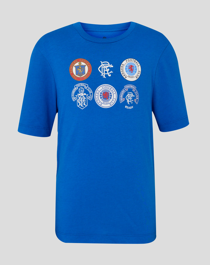 Front of blue Rangers junior badge T shirt with six circular crest patches across the chest.