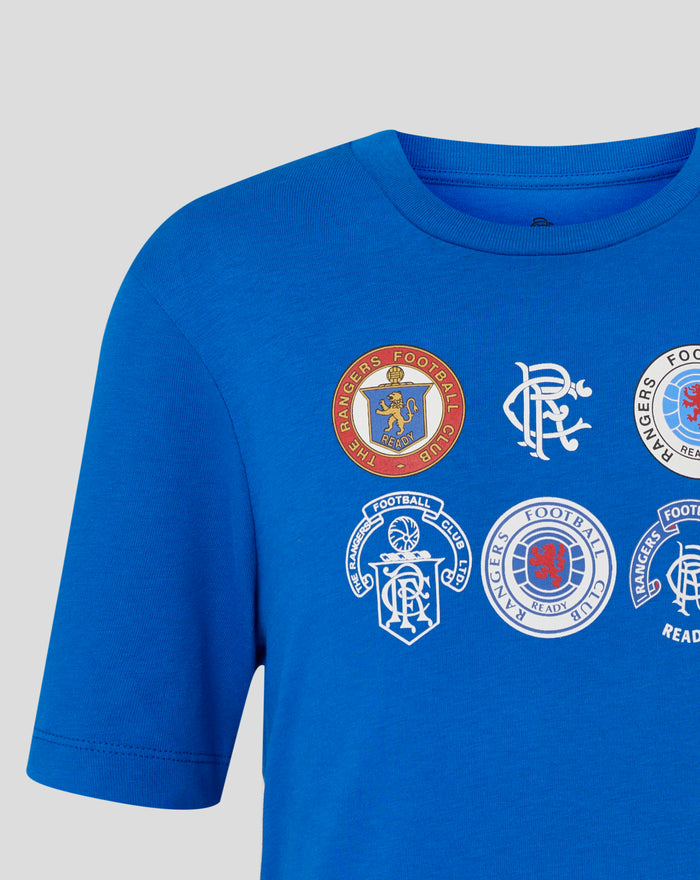 Close up of front of lapis blue Rangers Junior 25/26 Badge T shirt with several circular patches