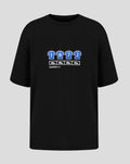 Front view of a black junior Rangers changing room T shirt with a row of blue numbered shirts on hangers across the chest.