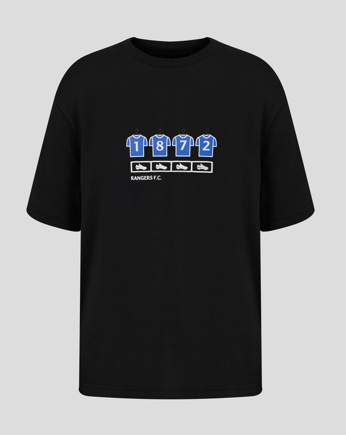 Front view of a black junior Rangers changing room T shirt with a row of blue numbered shirts on hangers across the chest.