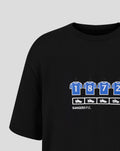 Close up of the neckline and shoulder of the black T shirt with part of the blue numbered shirt graphic visible.