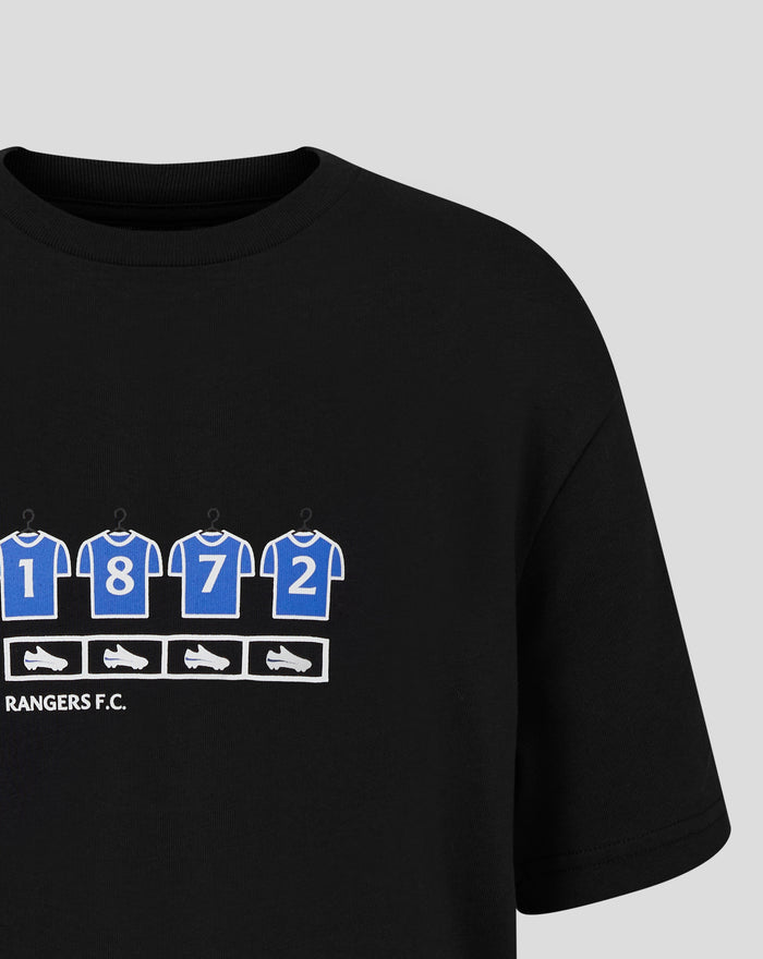 Black junior Rangers changing room T shirt featuring blue numbered jersey icons across the bottom and Rangers FC text