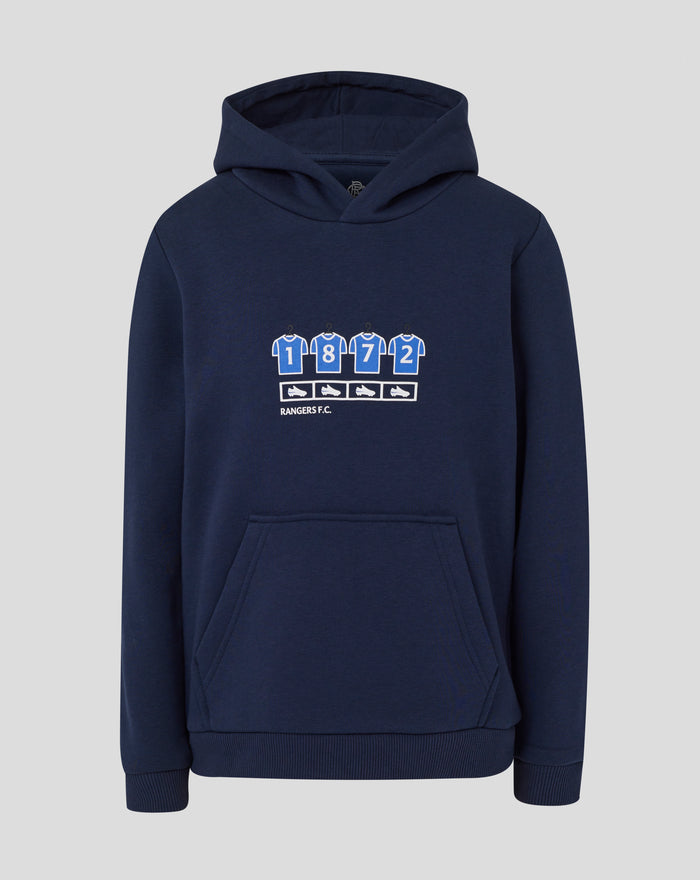Front view of navy Rangers Junior hoodie with chest graphic of blue numbered jerseys and soccer boot icons