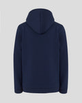 Rear view of navy Rangers hoodie with hood up and smooth back silhouette