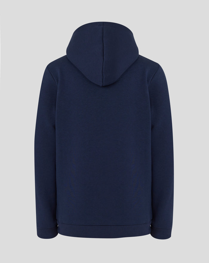 Rear view of navy Rangers hoodie with hood up and smooth back silhouette