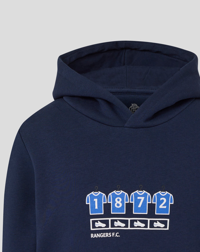 Close up of a navy blue Rangers junior changing room hoodie hood showing interior lining