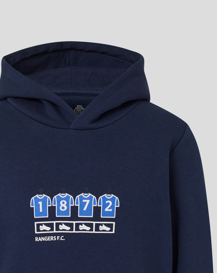 Back view of navy changing room hoodie showing the hood and inner neckline