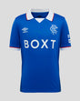 Rangers FC Junior 25/26 Home Shirt blue with white collar and red trim, BOXT across chest with Umbro logo and club crest.