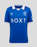 Rangers FC Junior 25/26 Home Shirt blue with white collar and red trim, BOXT across chest with Umbro logo and club crest.