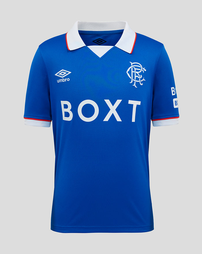 Rangers FC Junior 25/26 Home Shirt blue with white collar and red trim, BOXT across chest with Umbro logo and club crest.