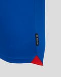 Blue Rangers FC Junior 25/26 Home Shirt sleeve close up with white cuff red trim and textured knit.