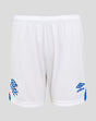 Back view of white mens Rangers FC home shorts with blue curved hems, Umbro logo on the right leg and club crest on the left.