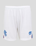 Back view of white mens Rangers FC home shorts with blue curved hems, Umbro logo on the right leg and club crest on the left.