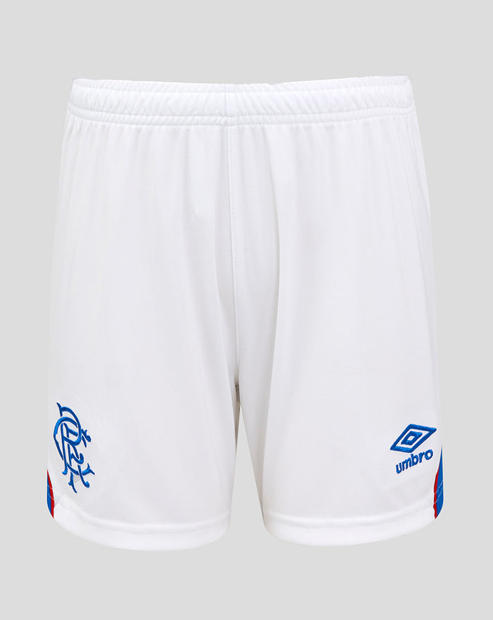 Back view of white mens Rangers FC home shorts with blue curved hems, Umbro logo on the right leg and club crest on the left.