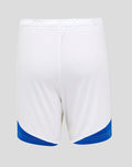 Back view of white Rangers FC junior home shorts featuring a contrast back panel and curved blue hem detail.
