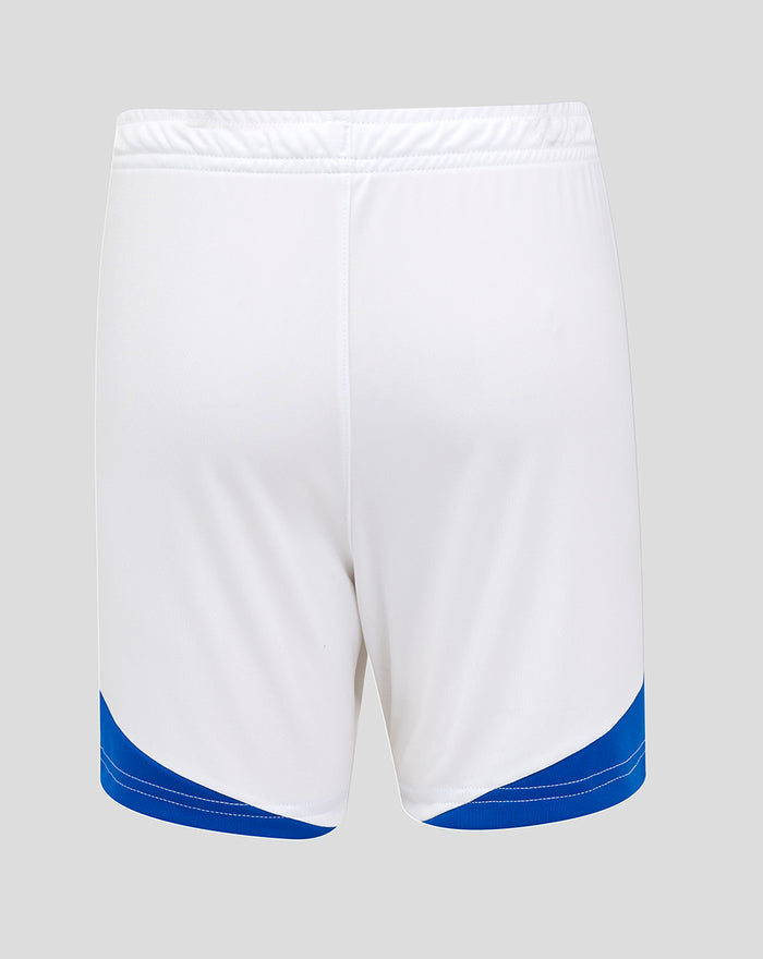 Back view of white Rangers FC junior home shorts featuring a contrast back panel and curved blue hem detail.
