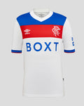 Rangers FC away shirt front showing blue yoke red chest band and bold BOXT sponsor