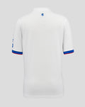 Back view of white Rangers junior away shirt showing a small blue crest at the upper back near the collar.