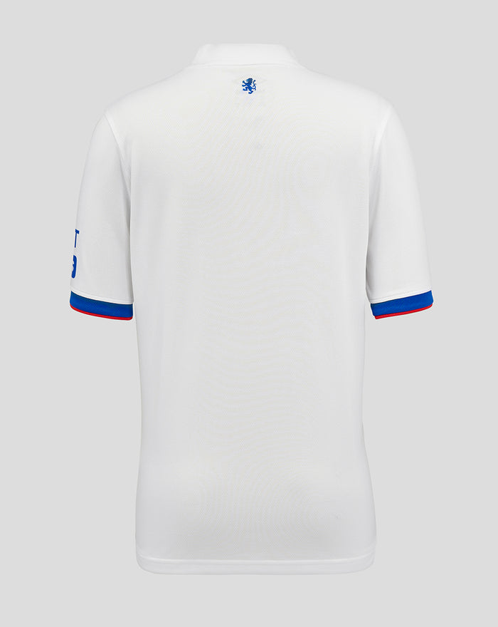 Back view of white Rangers junior away shirt showing a small blue crest at the upper back near the collar.