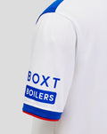 Sleeve detail of the away shirt showing BOX BOILERS sponsor logo on the white sleeve with blue cuff trim.