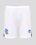 Front view of white Rangers away shorts with blue crest on the left leg and Umbro logo on the right leg, blue and red side panels, and an elastic drawcord waistband.