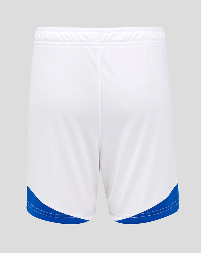 Back view of white Rangers FC away shorts with blue curved hem and elastic waistband.