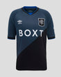 Front view of Rangers junior third shirt in blue and black diagonal design with club crest, Umbro logo and BOXT sponsor.
