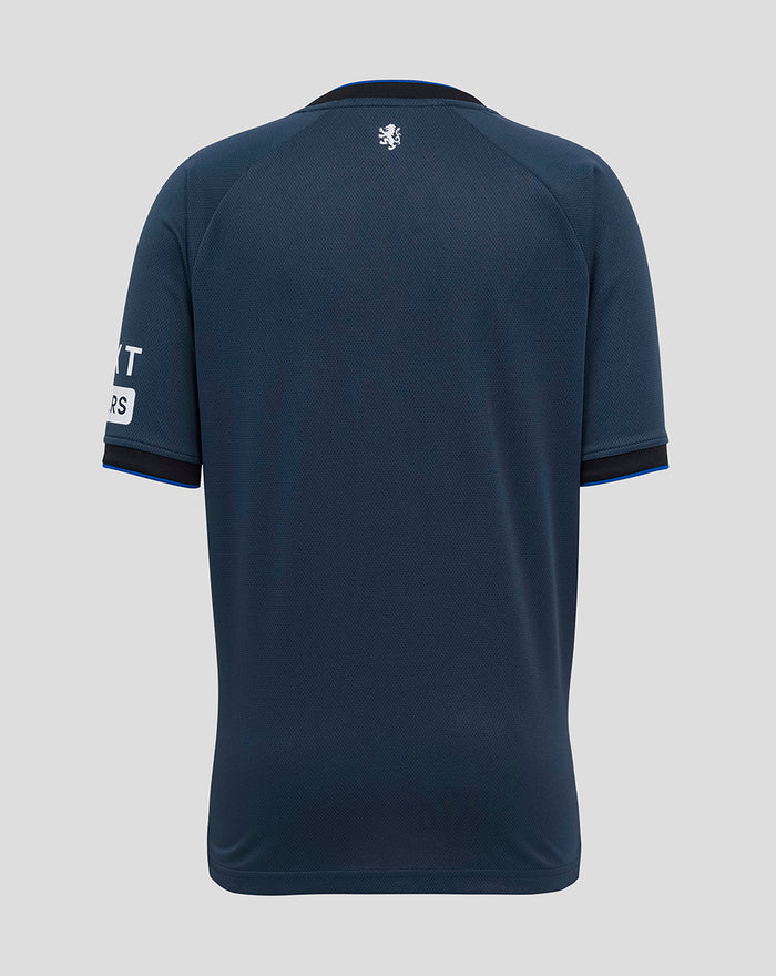 Back view of navy Rangers junior third shirt with small white crest at the neckline.