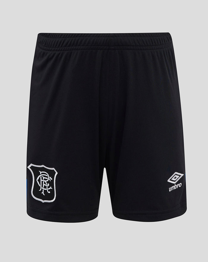 Navy shorts for Rangers junior kit with shield crest on the left leg and Umbro logo on the right leg.
