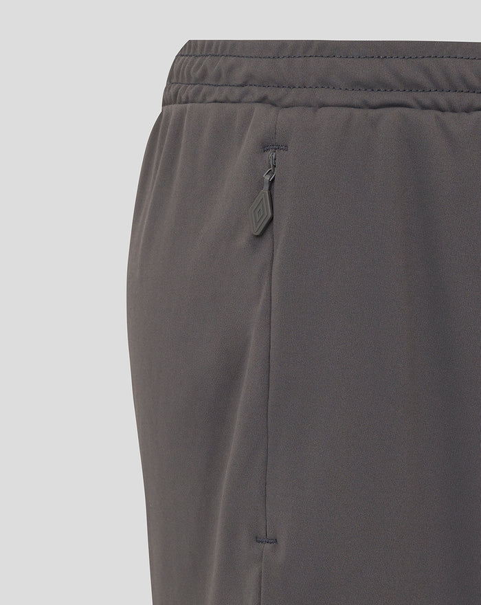Close up of side zip pocket on junior training knit shorts in thunderstorm gray.