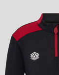 Close up of junior coaches training pro quarter zip top in black with red shoulder panel and red zipper, white logo on chest.