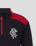 Detail of red shoulder panel and zipper on black junior training top with white crest on chest