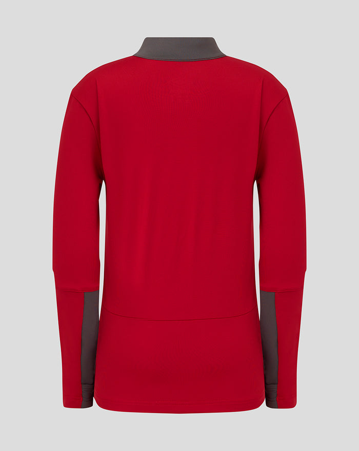 Back view of junior training quarter zip top in rhythmic red with gray collar trim