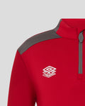 Close up of rhythmic red junior training top with gray shoulder panel and Umbro Training logo on the chest