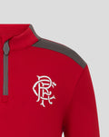 Close up of red junior training top with grey shoulder panel and white crest on the chest.