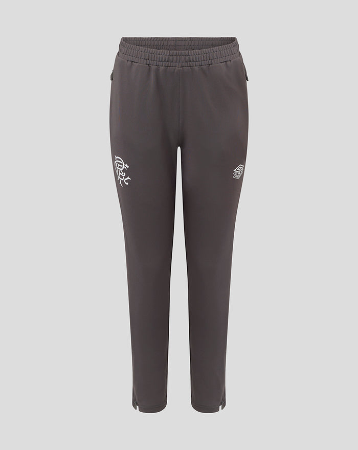 Front view of dark gray Junior 25/26 Pro Training Knit Pant Thunderstorm with elastic waistband and white logo on the left leg