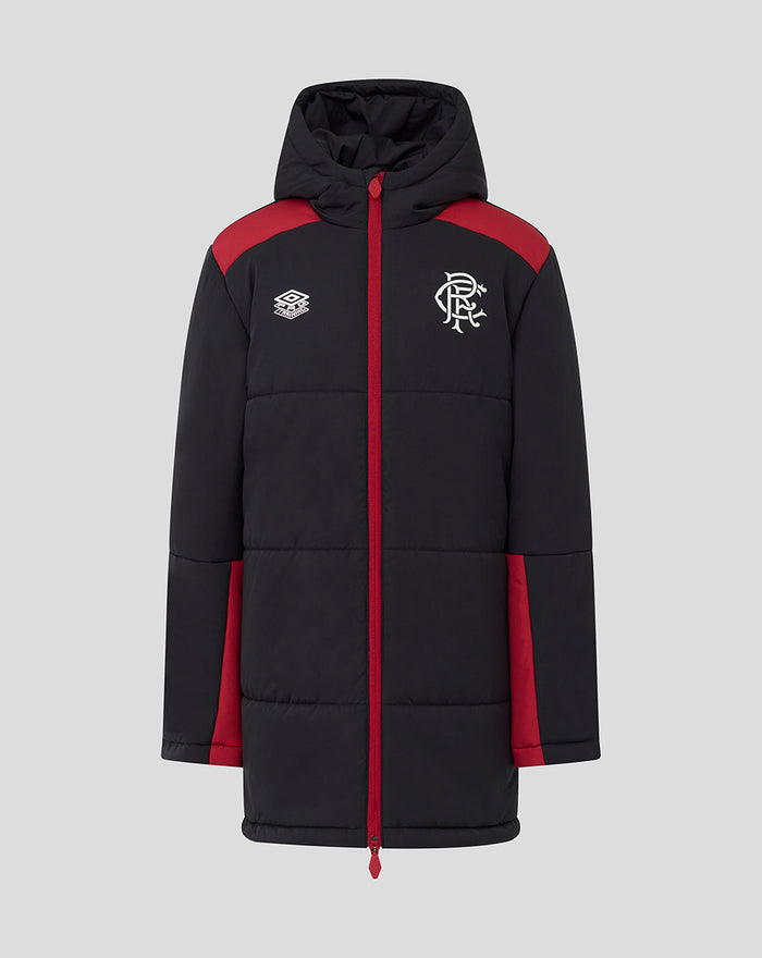 Front view of junior coaches training padded jacket in black with red shoulders and hood, white crest on chest and Umbro logo.