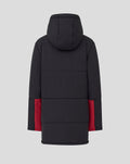Back view of a black Junior Coaches Training padded jacket with a hood and red sleeve panels.