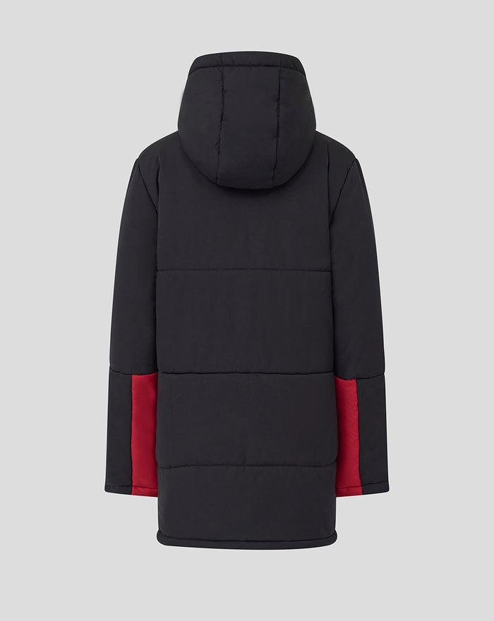 Back view of a black Junior Coaches Training padded jacket with a hood and red sleeve panels.