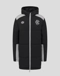 Front view of junior packable hooded shower jacket in black with gray shoulder panels and crest.