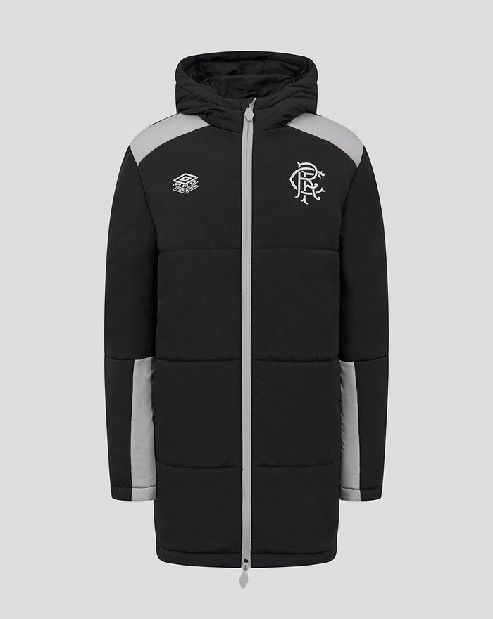 Front view of junior packable hooded shower jacket in black with gray shoulder panels and crest.