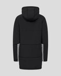 Center front zip on black packable jacket with white zipper pull